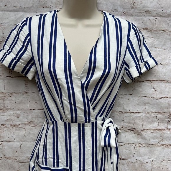 L'academie Tuscany Midi Dress in Ocean Stripe Size XXS V-Neck Coastal Beach - Picture 8 of 8